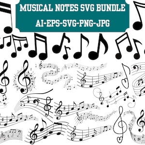 Pacchetto SVG di note musicali: clipart vettoriali, simboli musicali (download digitale)