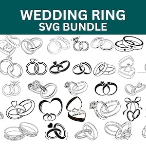 Op de afbeelding: Een verzameling zwart-wit lijntekeningen van trouwringen, waaronder solitaire ringen, trouwringen en hartvormige ontwerpen. De tekst "WEDDING RING SVG BUNDLE" staat bovenaan de afbeelding.