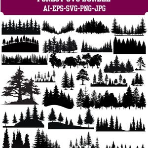 May include: A selection of black forest silhouette designs. The image features diverse tree types and forest scenes, with the text "FOREST SVG BUNDLE" and file type information at the top.