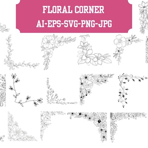Puede incluir: Una colección de diseños de esquinas florales en blanco y negro, con varios arreglos de flores y hojas. Los diseños incluyen rosas, lirios y otros elementos botánicos, con el texto "FLORAL CORNER" en la parte superior.