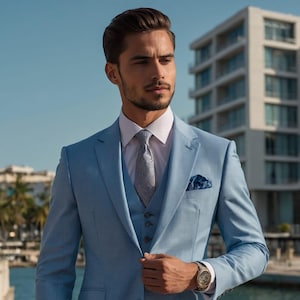 Light Blue Slim Fit 3-Piece Suit: Elegant Wedding Groom Attire
