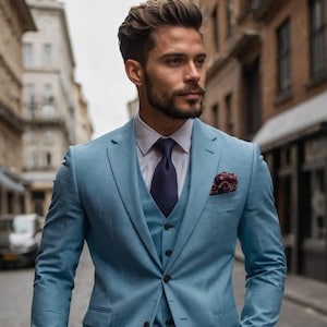 Sky Blue Slim Fit Suit: Elegant 3-Piece Wedding & Business Attire