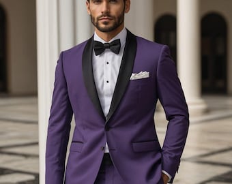 Luxury Purple Suit: Men's 2-Piece Blazer & Trousers with Black Lapel