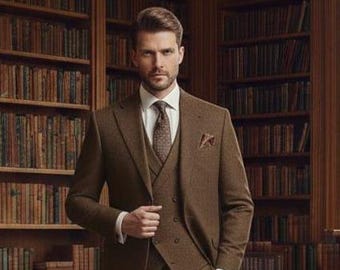 Luxury Brown 3-Piece Suit for Men | Classic British Style | Hand-Tailored Blazer, Waistcoat & Trousers.
