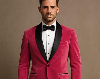 Men's Burgundy Velvet Tuxedo Blazer | Black Satin Shawl Lapel