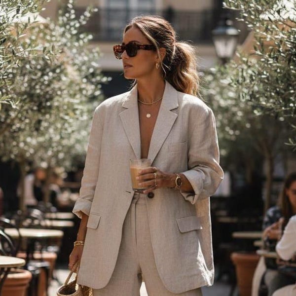 Linen Suit Set - Custom Beige Blazer & Wide Leg Pants