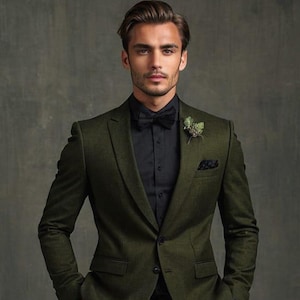 Dark Olive Green Slim Fit Suit: Modern Formal Men&#39;s Outfit