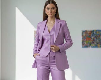 Elegancia en traje de 3 piezas morado lavanda Power Confidence