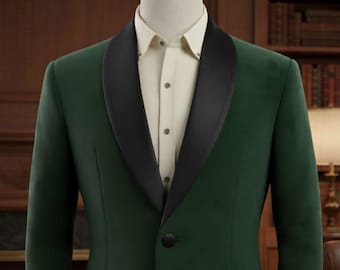 Handmade Green Velvet Tuxedo Jacket | Black Satin Lapel, Dinner Blazer