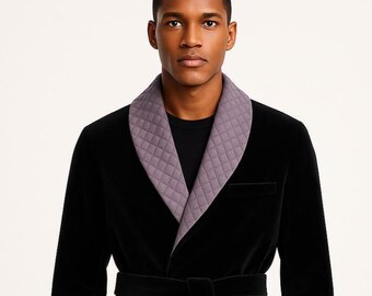 Men's Black Velvet Robe: Luxury Long Loungewear with Quilted Collar