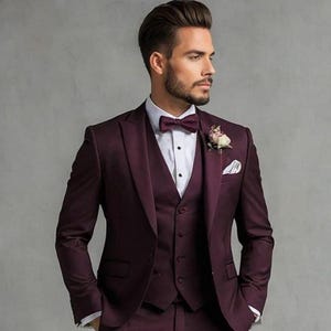 Men’s Burgundy 3 Piece Suit – Elegant Wine Red Slim Fit Wedding Groom Outfit with Blazer, Vest & Pants – Formal Prom or Party Suit