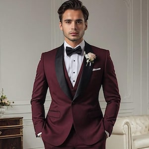 Mehroon Slim Fit 3-Piece Suit: Wedding Groom Outfit
