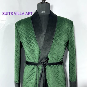Men Green Jacket, Smocking Jacket, long Robe Styles Jacket, Evening wear Coat, Men Quilted Designer Jacket, Luxury Silk Velvet Robe.