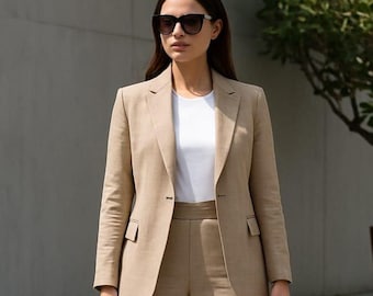 Custom Linen Suit: Women's Beige Blazer & Pants - Business Casual