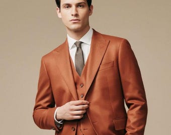 Men’s Rust Orange 3 Piece Suit, Wedding Suit for Groom, Slim Fit Formal Blazer Vest Pants Set