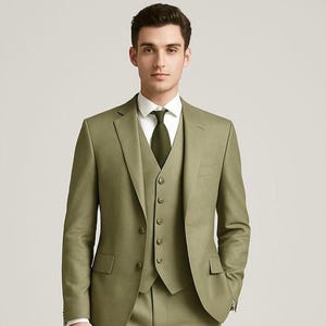 Men’s 3-Piece Wedding Suit, Slim Fit Olive green 3 piece, Blazer vest Trousers, Elegant Grooms Outfit Suits, Parties, or Special Occasions