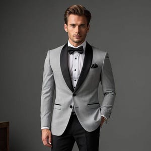 Slim Fit Grey Tuxedo Suit: Black Satin Lapel, Wedding Groom Attire