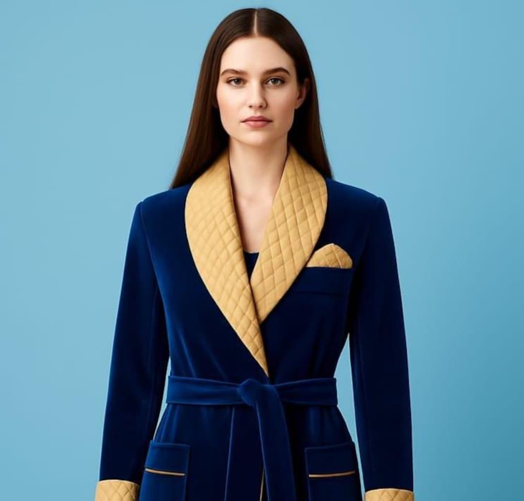 Royal Blue Velvet Smoking Robe - Quilted Satin Collar Lounge Jacket - Etsy