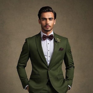Slim Fit Olive Green Suit: Elegant 2-Piece Blazer Vest Trousers