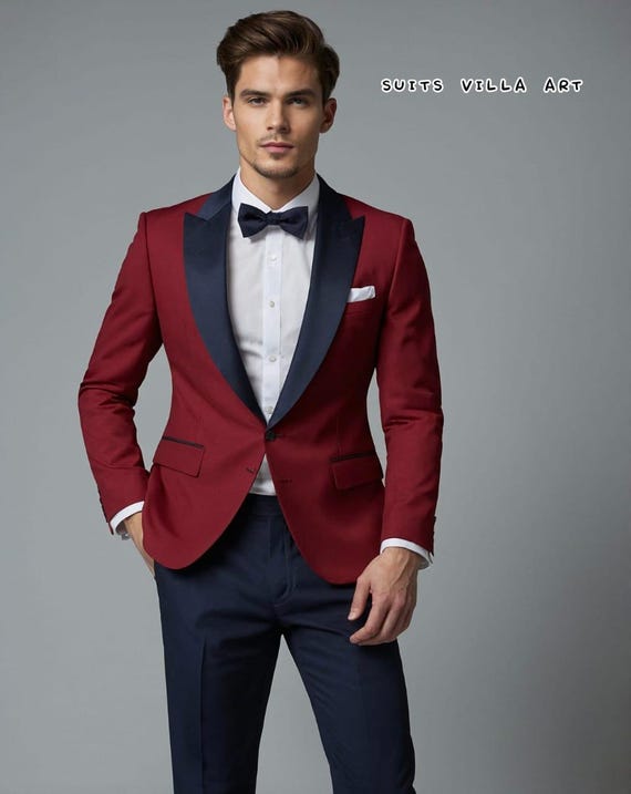 Maroon & Navy Tuxedo: Slim Fit Wedding Suit with Bow Tie