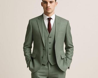 Abito verde salvia slim fit: elegante completo da sposo a 3 pezzi