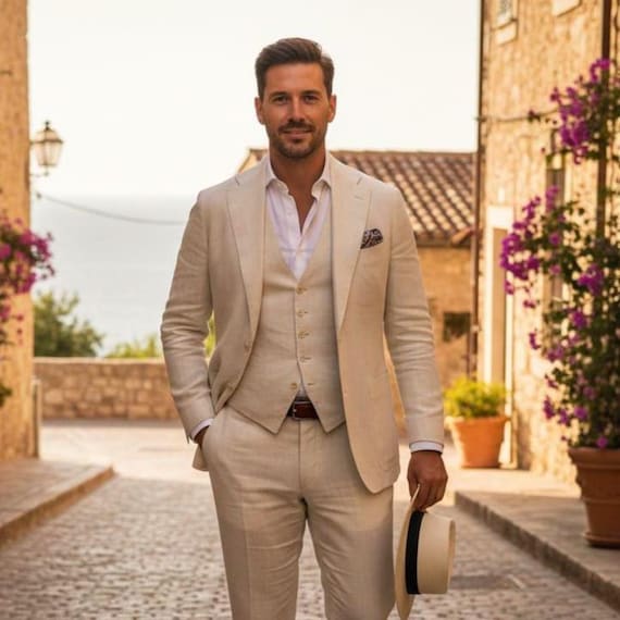 Men's Linen 3 Piece Suit Set  Beige Summer Suit With Blazer & Pants,  Lightweight Tailored Outfit, Italian Style Wedding Vacation Wear - Etsy
