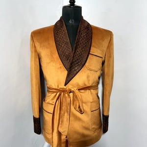 Men Golden Jacket, Smocking Jacket, Quilted Styles Jacket, Evening wear Coat, Men Quilted Designer Jacket, Luxury Silk Velvet Robe.