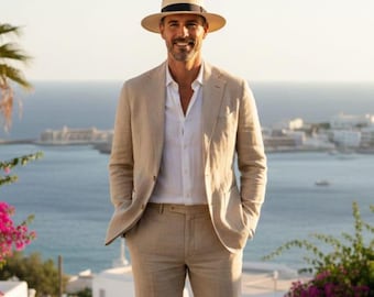Men’s Beige Linen Suit – Summer Resort Wear, Lightweight Tailored Blazer & Pants, Casual Wedding Outfit