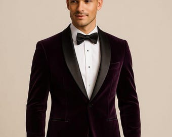 Chaqueta de esmoquin de terciopelo morado oscuro para hombre: Blazer entallado con solapa chal