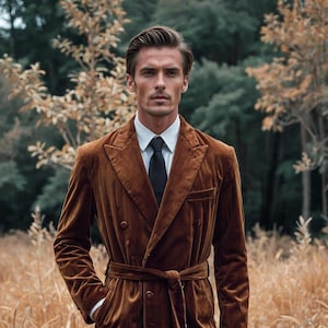 Men’s Elegant Vintage Robe in Rich Brown Velvet – Belted Gentleman’s Loungewear – Soft, Luxurious Housecoat for Fall