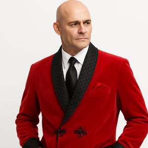 Red Velvet Tuxedo Jacket for Men – Black Quilted Lapel, Knot Buttons, Pocket Square – Formal Dinner Blazer Prom, or Wedding style
