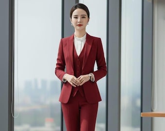 Frauen weinrot 3-teiliger Anzug Business Anzug | Eleganter Bürodamen-Hosenanzug | Sakko & Hose | Modernes Workwear Outfit