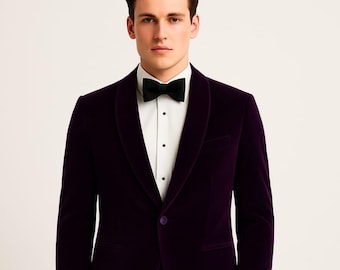Chaqueta de esmoquin de terciopelo morado de lujo: Blazer entallado con solapa chal