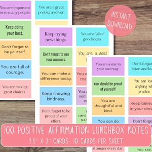 May include: A set of colorful lunchbox notes with positive affirmations. Each card is 3.5 x 2 inches and features encouraging phrases in various colors. The text includes phrases like "You are important" and "Keep doing your best."