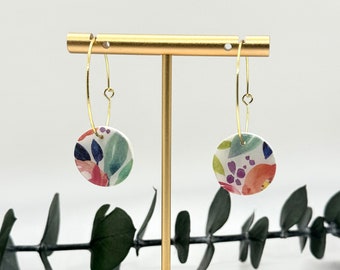 Floral Dangle Earrings, Flower Hoop Earrings, Spring Flower Hoop Earrings, 14K Gold Plated Hoop Earring, Spring Earrings