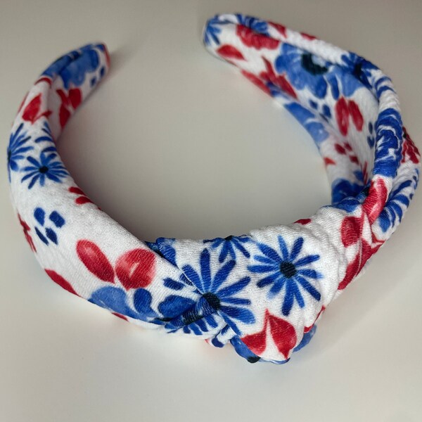 4th of July Top Knot Headband, Red White & Blue Floral Headband, No Headache Headbands, Floral Headband, Summer Headband