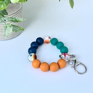 Jewel Tones Beaded Wristlet, Silicone Wristlet, Bracelet Key Chain, Wristlet Keychain, Bangle Key Ring, Gift for Teachers