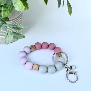 Pink and Gray Beaded Wristlet, Silicone Wristlet, Bracelet Key Chain, Wristlet Keychain, Bangle Key Ring, Gift for Teachers