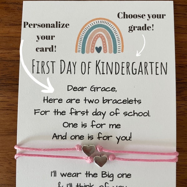 PERSONALIZED CARD First Day of Kindergarten, Adjustable Mommy and Me Bracelets, First Day of School Bracelet, Matching Heart Bracelets
