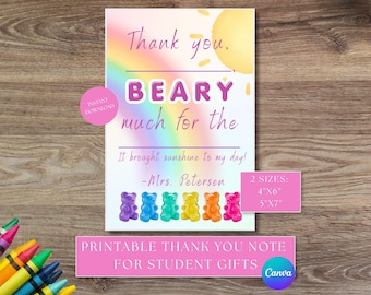 Plantilla editable de tarjeta de agradecimiento para profesores, ideal para regalos a estudiantes; nota imprimible con diseño de osito de goma arcoíris y sol; plantilla de Canva para notas de profesores.