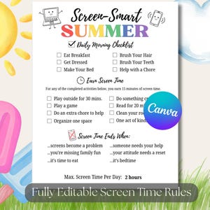Puede incluir: Una lista de verificación imprimible titulada Screen-Smart SUMMER con una lista de tareas matutinas, una sección para ganar tiempo de pantalla con casillas de verificación y una lista de condiciones de finalización. Incluye iconos de laptop y teléfono.