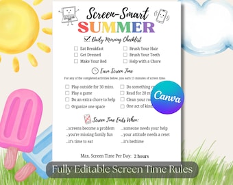 Tableau modifiable des règles de temps d'écran pour les enfants pendant l'été | Liste de contrôle pour un été sans écrans | Suivi du temps d'écran à imprimer | Tableau des routines estivales