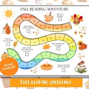 May include: A colorful fall-themed reading challenge board game with the text "Fall Reading Adventure" and "Fall Reading Challenge". The board features illustrations of pumpkins, leaves, and a pie.