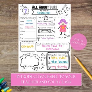 May include: A printable "All About Me" worksheet for kids, featuring fill-in sections for favorites, birthday, and aspirations. Includes the text "Introduce Yourself to Your Teacher and Your Class!" and "Instant Download."