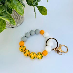 Yellow and Gray Beaded Wristlet, Silicone Wristlet, Bracelet Key Chain, Wristlet Keychain, Bangle Key Ring, Gift for Teachers