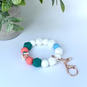 Floral Beaded Wristlet, Silicone Wristlet, Bracelet Key Chain, Wristlet Keychain, Bangle Key Ring, Gift for Teachers