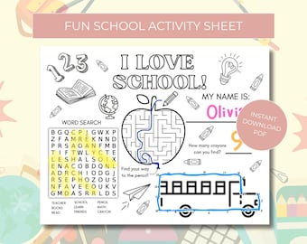 I Love School Activity Worksheet: School Activity Placemat (PDF Download), K-3 School Worksheet