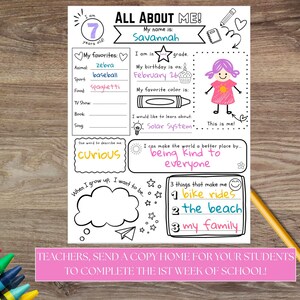 May include: A printable "All About Me" worksheet for students, featuring fill-in sections for favorites, birthday, and aspirations. Includes a drawing of a girl and the text "Teachers, send a copy home for your students to complete the 1st week of school!"