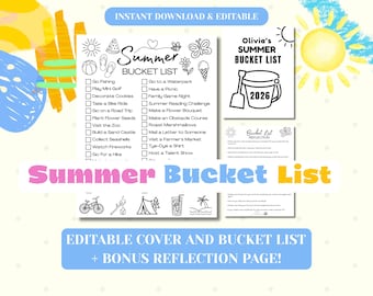 Op de afbeelding: Een afdrukbare zomer-bucketlist met activiteiten zoals vissen en een picknick. Het ontwerp bevat de tekst "Summer Bucket List" en "Instant Download & Editable".