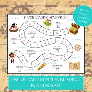 May include: A black and white printable pirate-themed game board with a treasure map background. The game board has 25 spaces with instructions for reading activities. The text on the board reads "Pirate Reading Adventure" and "Read 32 Books to Complete Challenge!"